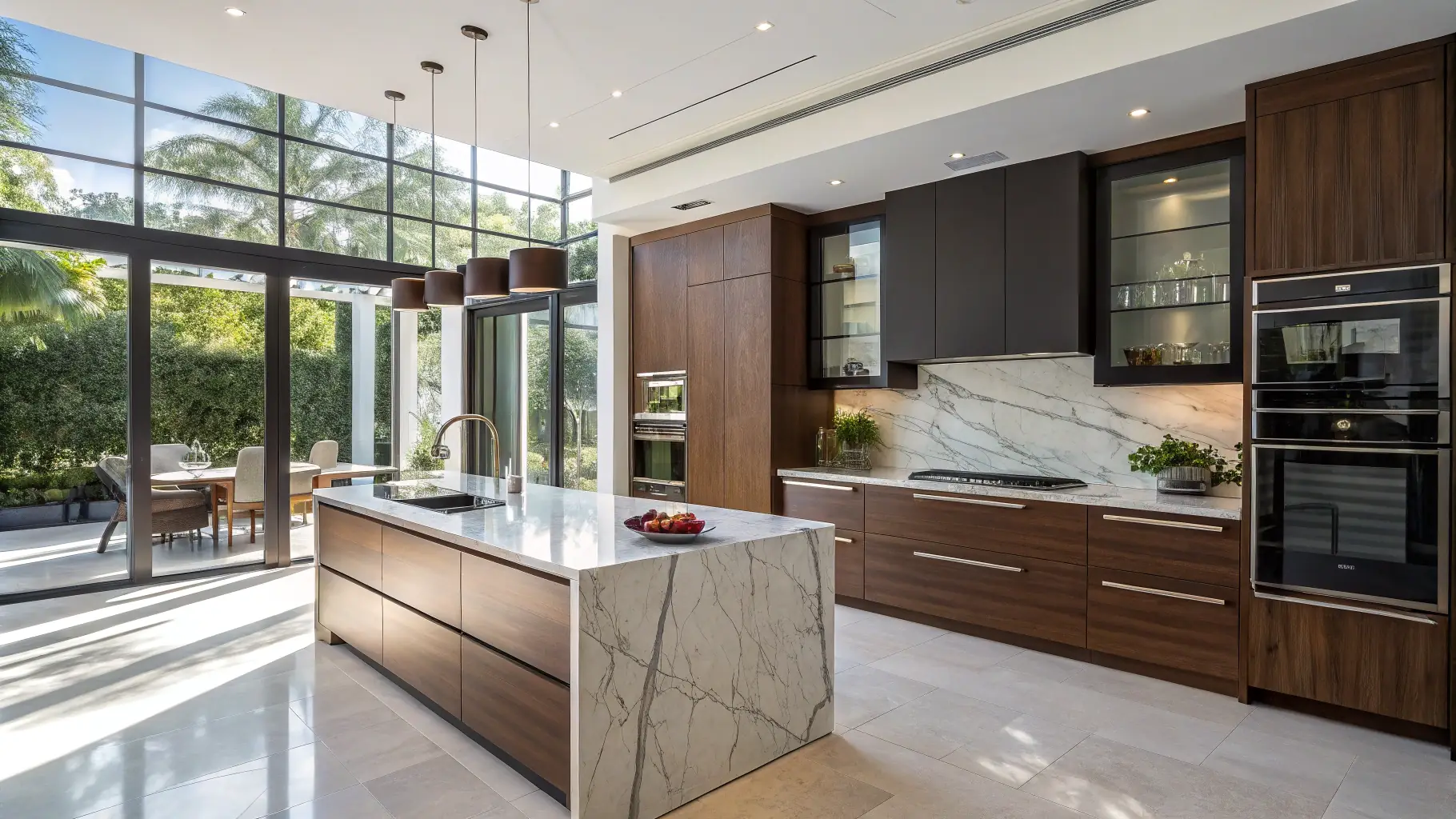 Contemporary kitchen featuring a bright open layout, elegant marble island, and beautiful views of lush greenery.