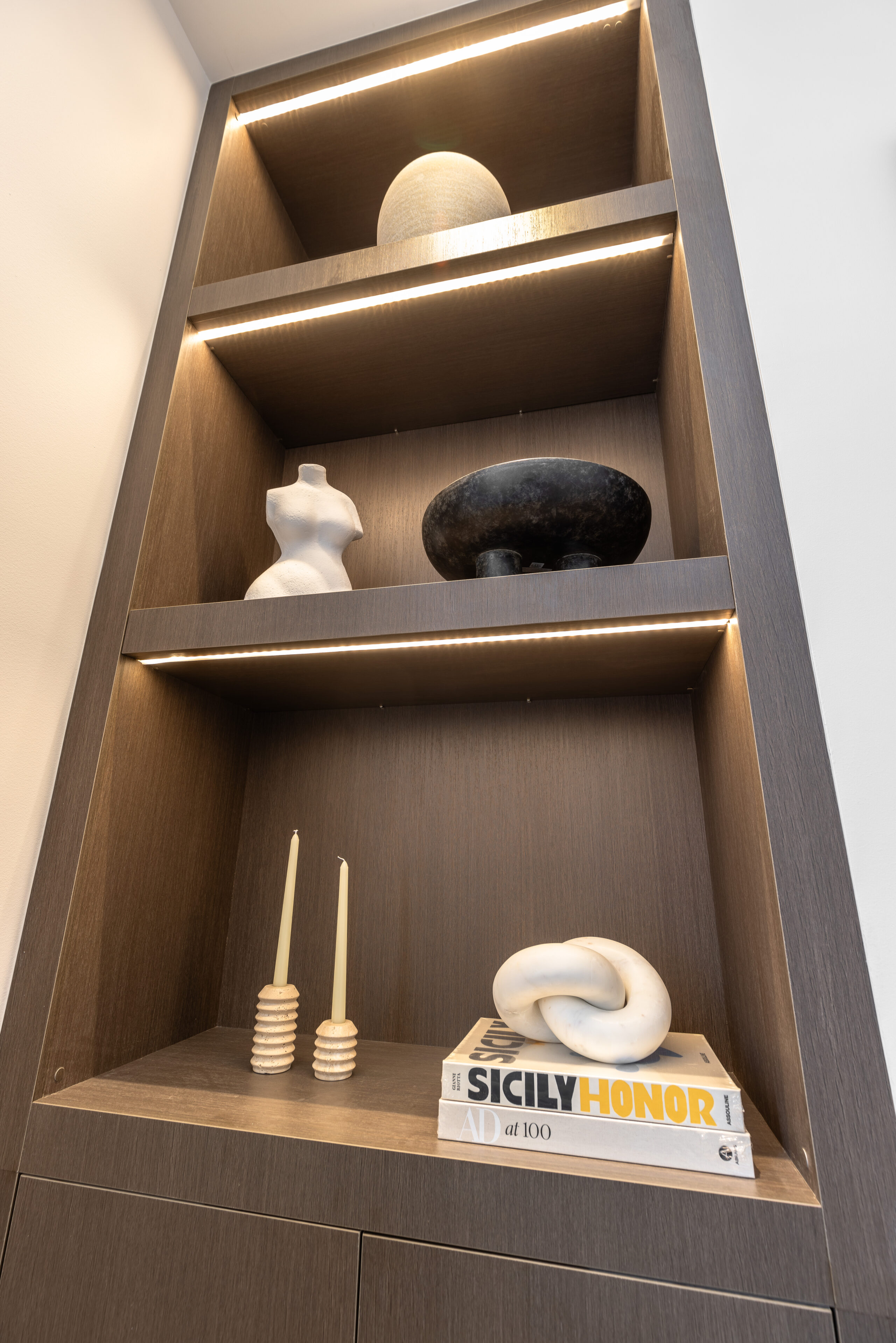 Sleek modern shelving unit with warm LED lighting showcases a curated collection of elegant decorative pieces and vibrant literature.