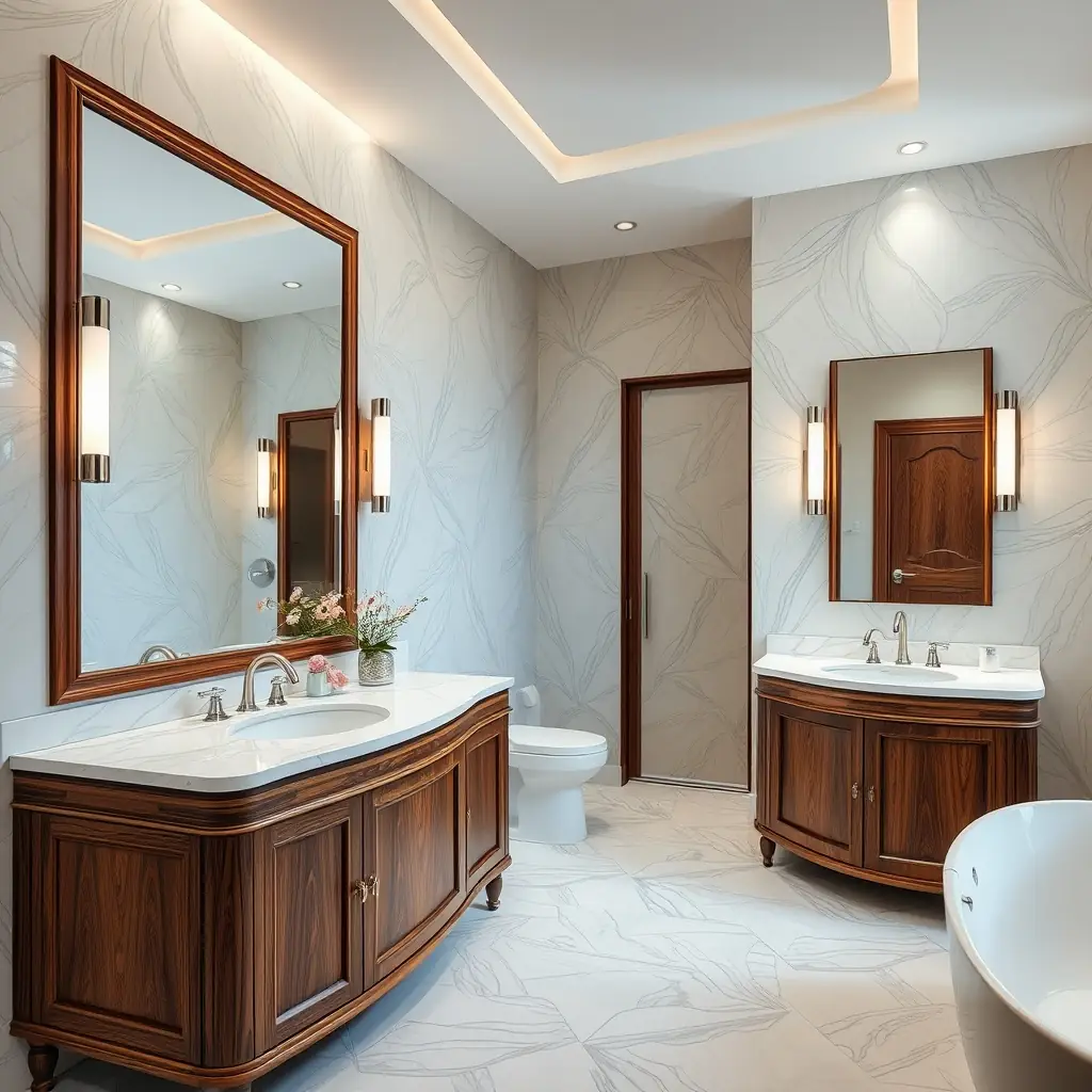 Experience serenity in this elegant bathroom retreat featuring a freestanding tub, double sink vanity, and luxurious marbled tiles.