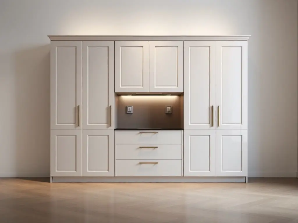 Modern white cabinetry with elegant gold accents delivers a stylish and functional touch to contemporary interiors.