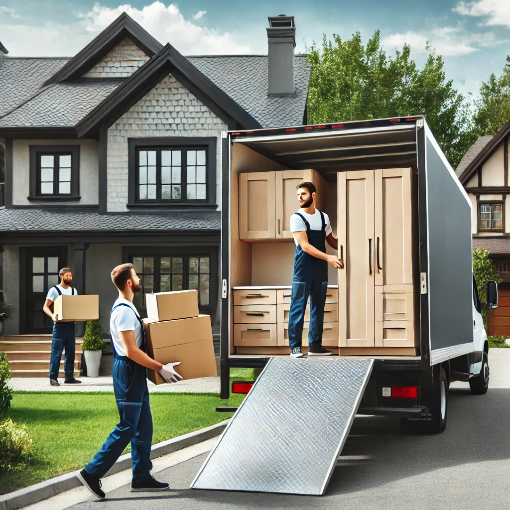 Movers carefully unload furniture on a sunny day, transforming a charming house into a welcoming home.