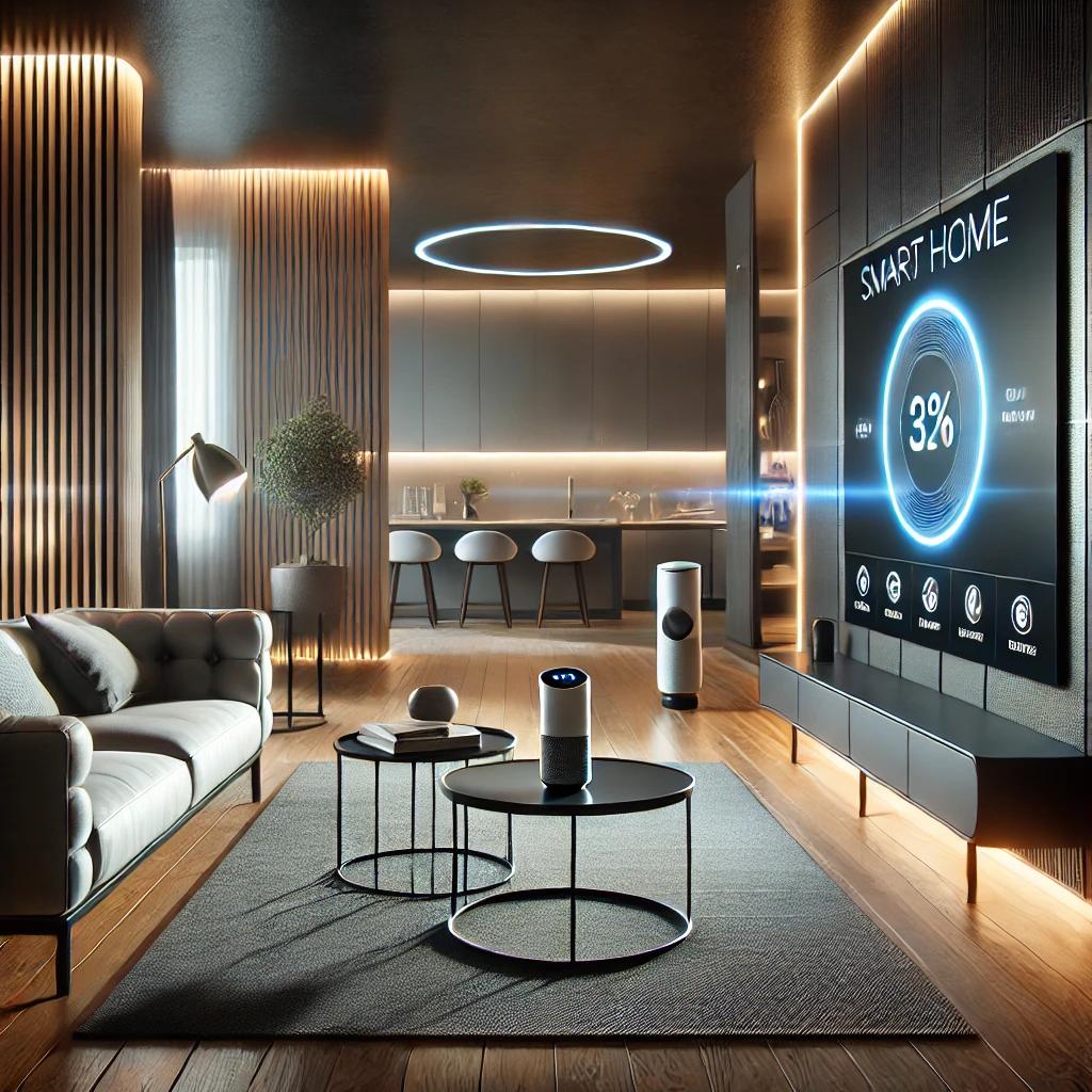 A spacious, contemporary living room showcasing smart home technology, including voice-controlled lighting and an AI-powered security system, for a more convenient and secure living experience.