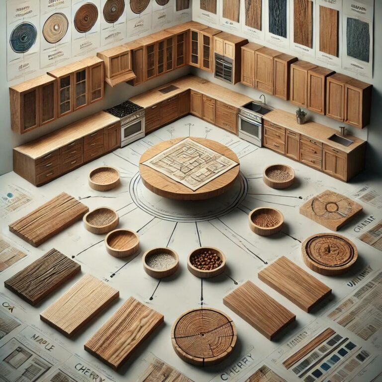 Various wood species including oak, maple, cherry, and walnut with visible grain patterns and textures, illustrating how to choose the right wood for custom cabinets.