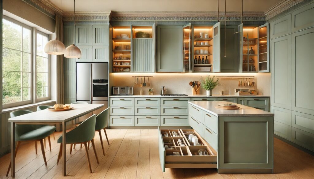 A modern luxury kitchen featuring custom sage green cabinetry, a large island with quartz countertops, smart pull-out storage, and built-in appliances in a clean, elegant layout.