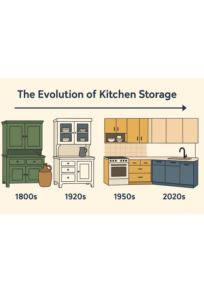 The evolution of kitchen storage: From standalone hutches of the 1800s to today’s sleek, built-in cabinetry, kitchen design has continuously adapted to modern lifestyles.