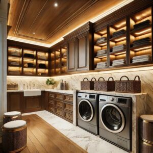 A luxurious laundry room with custom wood cabinetry, marble countertops, and smart appliances, designed with a sleek and elegant aesthetic.