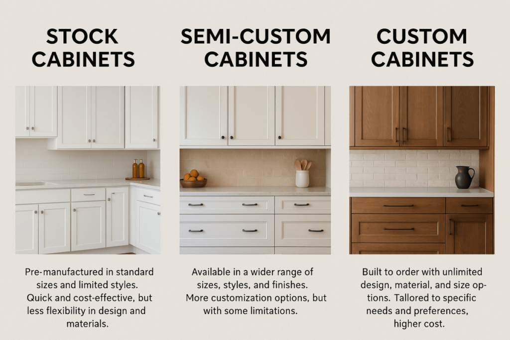Visual comparison of stock, semi-custom, and custom kitchen cabinets in a three-part layout.